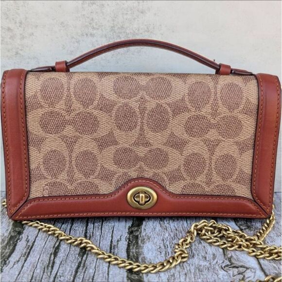 Coach Riley Signature Colorblock Chain Clutch Crossbody Bag. Tan/Rust. #68312 - Picture 2 of 11